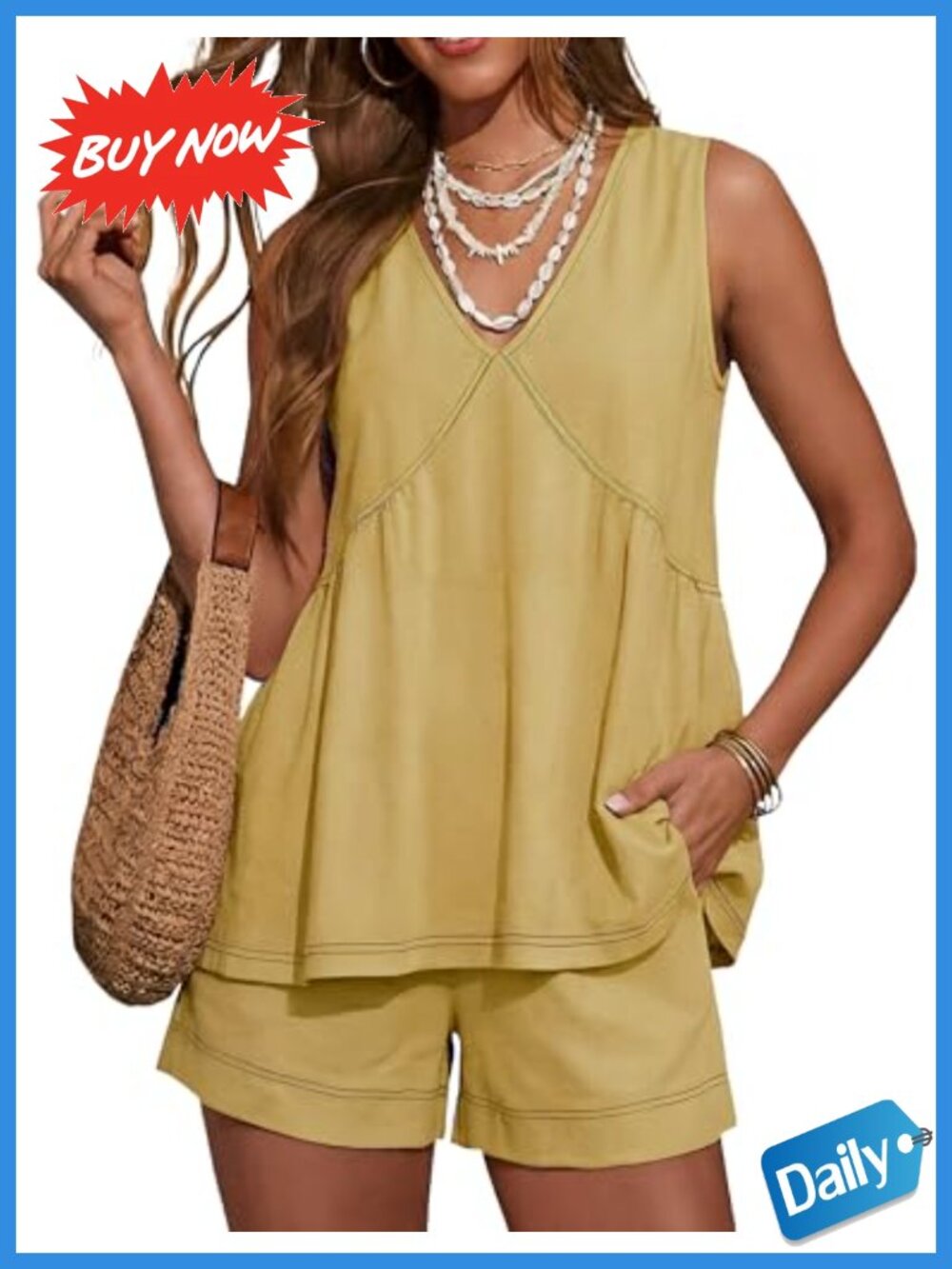 Women's 2 Piece Sleeveless V Neck Ruffle Shorts Set Cotton Blend
